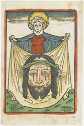 Pyhä Veronica ja sudarium, n. 1475 (käsinvärinen puupiirros)