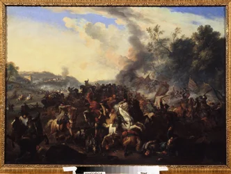 ""taistelukohtaus"" Ratsumiehet ja hevoset kasaantuvat taistelun aikana. Nimetön maalaus saksalaisesta koulusta. 17th Century Regional Art Museum, Uzhhorod, Ukraina