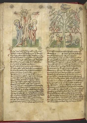 Sloane 361, f.26v Nebukadnessar näkee puun unessa; Crucifixion, "Speculum Humanae Salvation" (muste ja väri vellum)