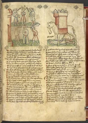 Sloane 361, f.27 Kuningas Codrus antaa itsensä tapetuksi kansansa puolesta, ja Eleazar Maccabeus puukotti elefanttia ja joutui sen murskaantumaan, 