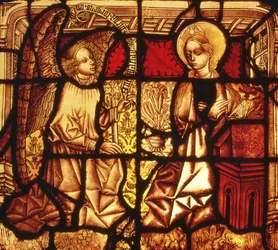 Lasimaalaus, joka kuvaa Marian ilmestystä, saksa, n. 1450