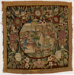 Tapettityynynpäällinen, joka kuvaa Davidia ja Abigailia, Samuel XXV, valmistettu mahdollisesti Hampurissa, Saksassa, n. 1615 (villa)