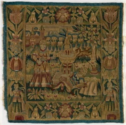 Pyramusta ja Thisbeä kuvaava kuvakudostyynynpäällinen, valmistettu Hampurissa, Saksassa, n. 1615 (villa)