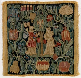 Tapettityynynpäällinen, joka kuvaa Marian ilmestystä, Ala-Saksista tai Tanskasta, vuoden 1600 jälkeen (villa)