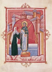 Abbess Hilda tarjoaa evankeliumia St. Walburgalle