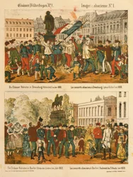 Alsace värvää Strasbourgissa (Kleberplatz) vuonna 1869 ja Berliinissä (Under den Linden) vuonna 1872 Elsaesser Bilderbogenilta, julkaisija A. Schneider, Strasbourg, 1873