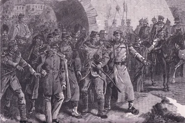 Ranskan armeija lähtee Metzistä, Cassells, Ranskan ja Saksan välisen sodan historia, julkaisija Cassell and Company Limited, n. 1890 (litho)