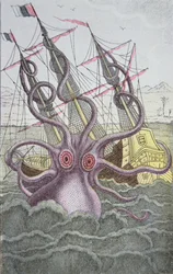 Kraken vetää alas aluksen (värillinen kaiverrus)