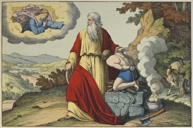 Abrahamin Iisakin uhri, kuvitus LAncien Testamentista, julkaisija Jakob Ferdinand Schreiber, Esslingen (värikaiverrus)