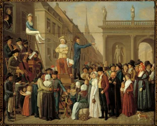Stage Scene -katuesitys muusikoiden ja koomikkojen kanssa. 1800-luvun saksalaisen koulun maalaus. Pariisi, Musee Cognacq Jay