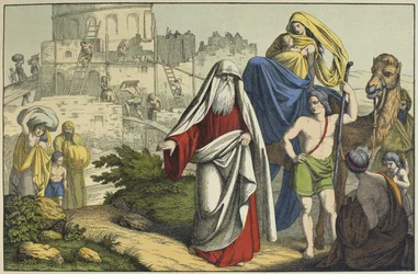 Baabelin tornin rakentaminen, kuvitus LAncien Testamentista, julkaisija Jakob Ferdinand Schreiber, Esslingen (värikaiverrus)