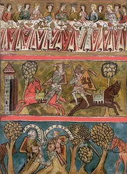 Wolfram von Eschenbachin (d.c.1230) kolme kohtausta Parsifalista faksimile 1200-luvun käsikirjoituksesta