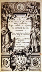 Robert Bellarminen teoksen Opera Omnia (kokonaisuus) nimiölehti, Kölnissä vuonna 1620 julkaistu painos (painettu paperi).