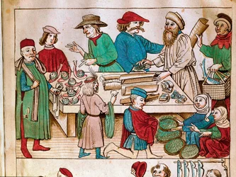 Kaupankäynti: katunäkymä. Miniatyyri Ulrich Richentalin (1360-1437) teoksesta ”Konstanzin kirkolliskokouksen kronikka”, noin 1438. Praha, kansalliskirjasto