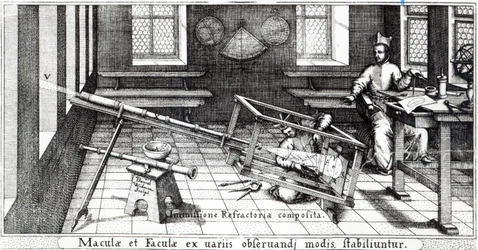 Erilaisia menetelmiä auringonpilkkujen havainnointiin, kuvitus Christoph Scheinerin Rosa Orsinasta, julkaistu 1630 (kaiverrus) (mv-valokuva) (294057 yksityiskohta)