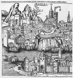 Näkymä Baselista, kuva Hartmann Schedelin (1440-1514) Nürnbergin kronikasta 1493