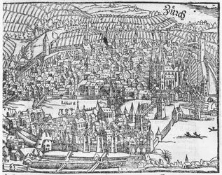 Näkymä Zürichistä, Cosmographie Universelle, Sebastien Munster (1488-1552) Basel, julkaistu 1559