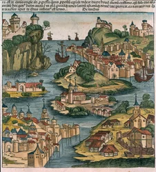 Näkymä Bosporinsalmelle saavuttaessa Mustaltamereltä, Hartmann Schedelin (1440-1514) Nürnbergin kronikasta, 1493