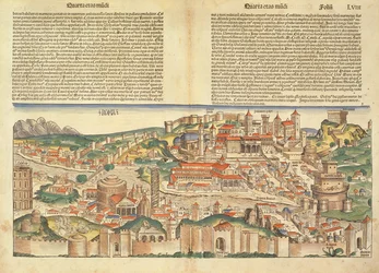 Näkymä Rooman kaupunkiin Hartmann Schedelin (1440-1514) Nürnbergin kronikasta 1493