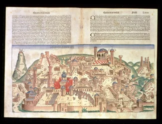 Näkymä Jerusalemin kaupunkiin Hartmann Schedelin (1440-1514) Nürnbergin kronikasta 1493