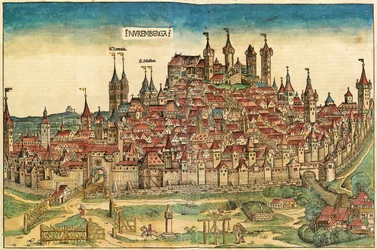 Näkymä Nürnbergin kaupungista, julkaistu Nürnberg Chroniclessa, 1493
