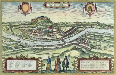 Näkymä Salzburgin kaupunkiin Salzach-joen rannalla Hohensalzburgin linnalla taustalla, "Old European City Scenes" -kuvasta (kaiverrus)