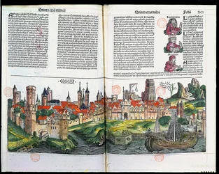 Näkymä Kölnin kaupunkiin, Hartmann Schedelin Nürnbergin kronikasta, 1493 (väripuukaiverrus)