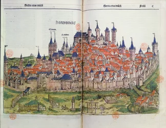 Näkymä Nürnbergin kaupunkiin Hartmann Schedelin (1440-1514) Nürnbergin kronikasta 1493 (värillinen puupiirros)