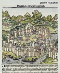 Näkymä muurien ympäröimään Konstantinopolin kaupunkiin, Hartmann Schedelin (1440-1514) Nürnbergin kronikasta 1493 (puupalikka)