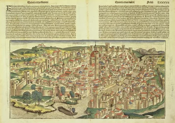 Näkymä Firenzen muurien ympäröimään kaupunkiin, Hartmann Schedelin (1440-1514) Nürnbergin kronikasta 1493