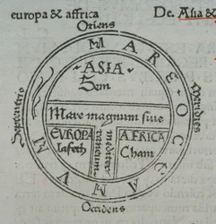 f.177v T-in-O kartta, kohopainopaikannimiä, Isidore of Sevilla, Liber Etimologiarvm