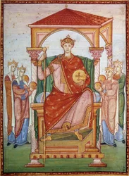 Otto III (980-1002), Saksan keisari, vastaanottaa kansakuntien kunnianosoituksen. Miniatyyri käsikirjoituksesta "Otto III:n evankeliumikirja", 900-luvun loppu. Chantilly, Musée Condé