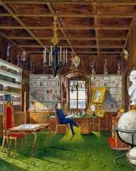Kirjasto Villa Lazarovichissa, Maximilian of Habsburgin (1832-1867) asuinpaikka Triestessä, tempera Germano Prosdocimi