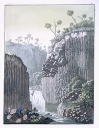 Tutkijat Humboldtin tutkimusmatkan kanssa basalttikallioilla Reglassa, Meksikossa, levy 60 Jules Ferrarion "Le Costume Ancien et Modernesta", julkaistu 1820-30-luvulla