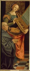 Pyhä Cecilia Roomalainen (3. vuosisata) (Saint Cecilia). Kantamassa urua, munkki polvistuu rukouksessa jalkojensa juuressa. Gerolamo Giovenonen (1490-1555) maalaus, tempera puulle, vuoden 1530 jälkeen. Italialainen taide (Milano)