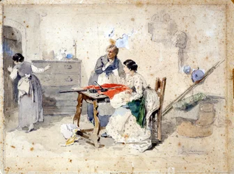 Milanolaiset naiset tekevät Italian trikolorilipun. Akvarelli Gerolamo (Girolamo) Induno (1825 - 1890). Milano, Risorgimenton museo.