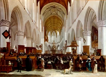 Kirkon sisätilat. Hollantilaisen taidemaalarin Gerrit Berckheyden (1638-1698) maalaus. Lontoo, National Gallery