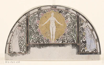 Suunnittelu kalenterikehykseen vuodelle 1901, jossa on naisia ​​ja kukkia