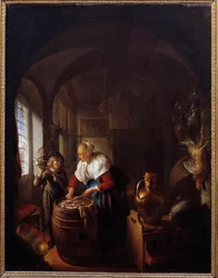 Hiiri. Lapsi näyttää äidilleen hiirenloukun. Maalaus Gerard Dou (1613-1675), Hol.