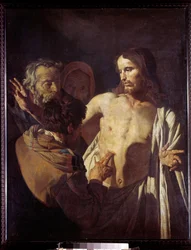 Pyhän Tuomaan epäuskoinen Hän koskettaa Kristuksen haavoja ja pelastaa uskoakseen hänen ulkonäköönsä. Gerrit Van Honthorstin (1590-1656) maalaus