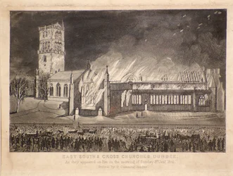 East, South & Cross Churches, Dundee, sellaisena kuin ne ilmestyivät tulessa sunnuntaina 3. tammikuuta 1841, n. 1841 (etsaus)