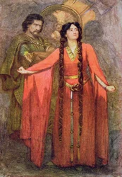 Oi, aurinko ei tule koskaan näkemään huomenna, kuvitus "Macbethista" julkaisussa "Tarinoita Shakespearesta: Thomas Carterin uudelleen kerrottu", julkaistu n. 1910 (värilitho)