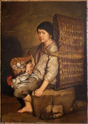 Errand poika istuu kori selässä, munat ja siipikarja, n.1735 (öljy kankaalle)
