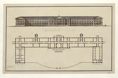 Smolny-instituutin projekti. Pääjulkisivu ja pohjakerrossuunnitelma, 1806-1808