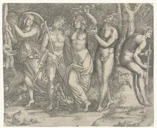 Bacchus ja bacchantes ja meanade tamburiinilla