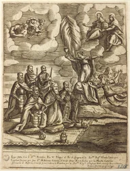 Paavi Pius V:n, espanjalaisen Filippuksen ja Venetsian dogen Alvise Mocenigon laatima allegoria Pyhästä liigasta vuodelta 1571, kaiverrus Giacomo Franco (1556-1620)