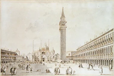 Näkymä Piazza San Marcolle kohti basilikaa ja Campanilea (kynä ja muste pesulla paperille)