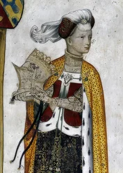Saluzzon markiisien ja heidän puolisoidensa esittäminen historiallisina ja mytologisina sankareina ja sankarittarina. Yksityiskohta: Riccarda di Sicilia, Tommaso II:n vaimo, amatsonikuningatar Lampetona. 1418-30