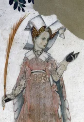 Saluzzon markiisi ja heidän vaimonsa kuvaus historiallisina ja mytologisina sankareina ja sankarittareina. Yksityiskohta: Marguerite de Roussy, Tommaso III:n vaimo. kuin Teuca. 1418-30