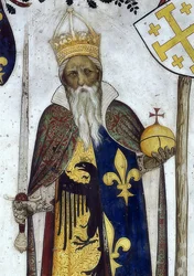 Saluzzon markiisi ja heidän vaimonsa kuvaus historiallisina ja mytologisina sankareina ja sankarittareina. Yksityiskohta: Manfredo III. kuin Kaarle Suuri. 1418-30